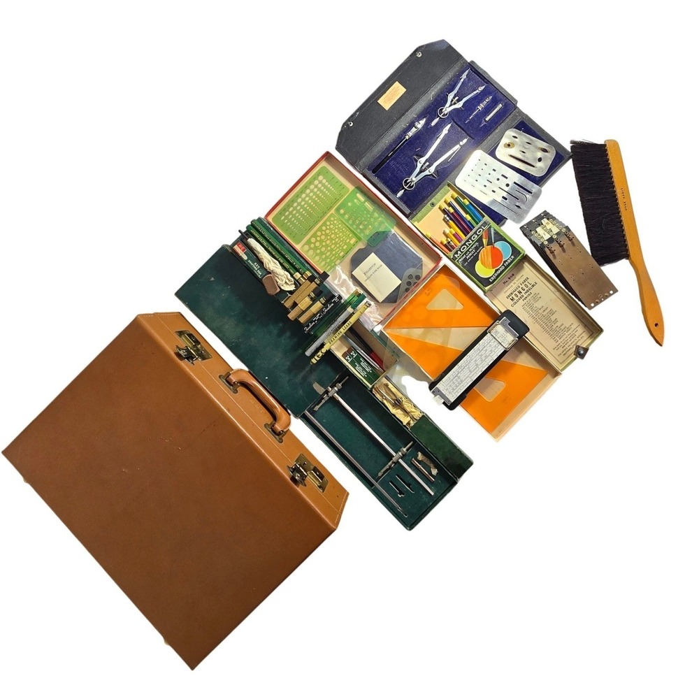Vintage Tan Faux Leather Briefcase Monogrammed JRF with Drafting Supplies Kit‎